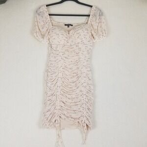 Blāshe Ruched Mini Dress Womens M Cream Floral NWOT Puff Sleeve BD04816-SR717